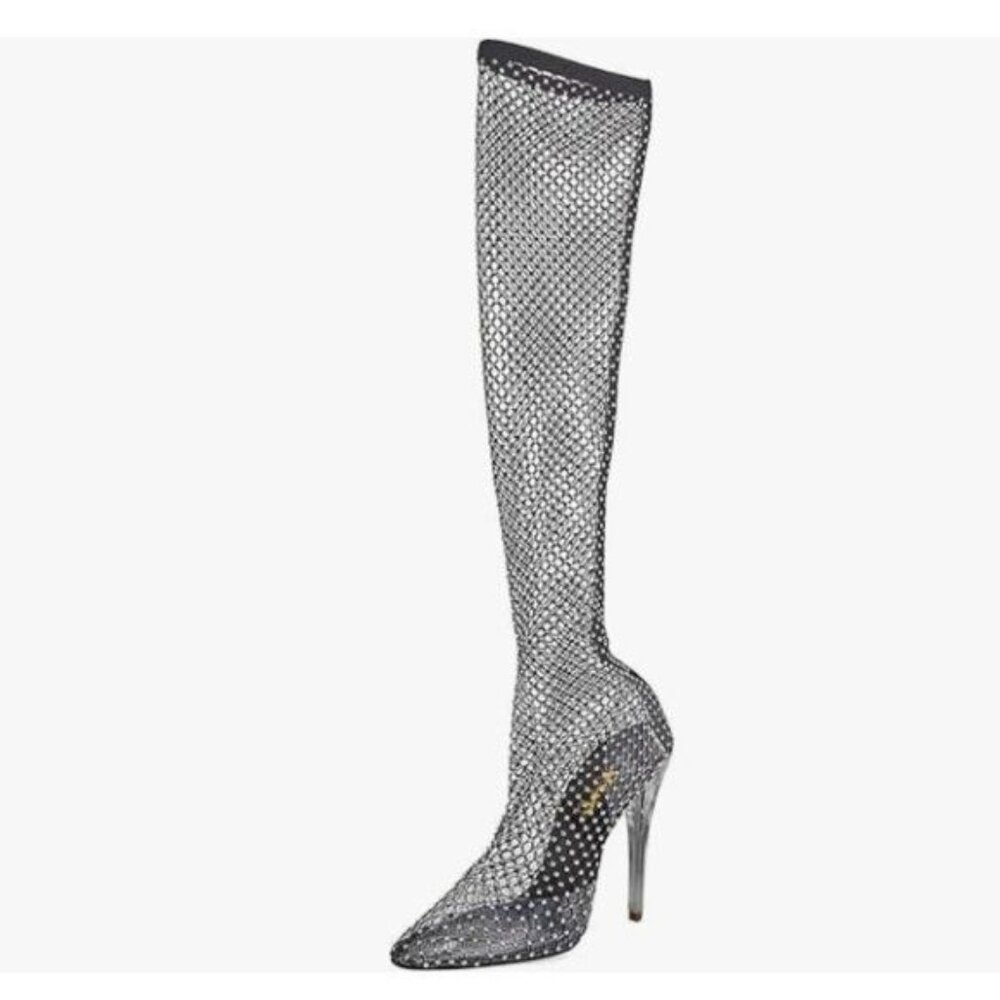 XYD Black Eyelet Sparkly Rhinestones Pointed Toe Crystal Heel Over the Knee Boot